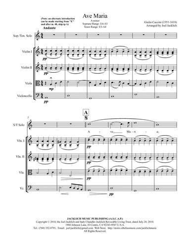 Ave Maria (Caccini) A minor for high voice and string quartet (arr. Joel Jacklich (ASCAP))