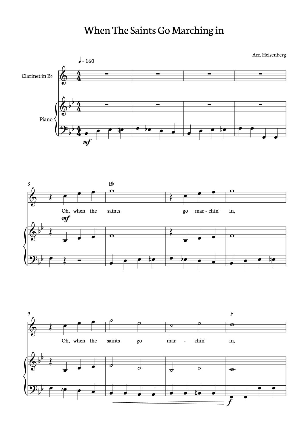 When The Saints Go Marching In for Clarinet Bb with piano accompaniment and chords and lyrics. (arr. Heisenberg)