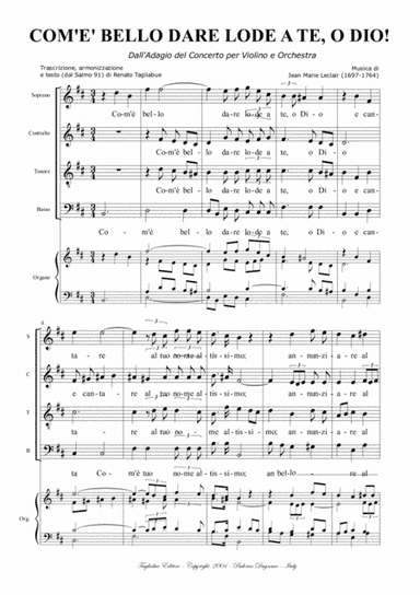 ADAGIO - Com'è bello dare lode a te, o Dio - Leclair - Arr. for SATB Choir and Organ (arr. Renato Tagliabue)