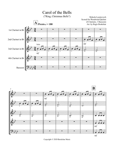 Carol of the Bells (F min) (Woodwind Quintet - 4 Clar, 1 Bassoon) (arr. Regis Bookshar)