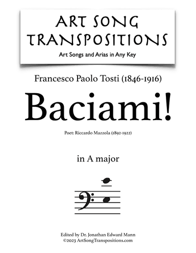 TOSTI: Baciami! (transposed to A major, bass clef) (arr. ArtSongTranspositions.com)
