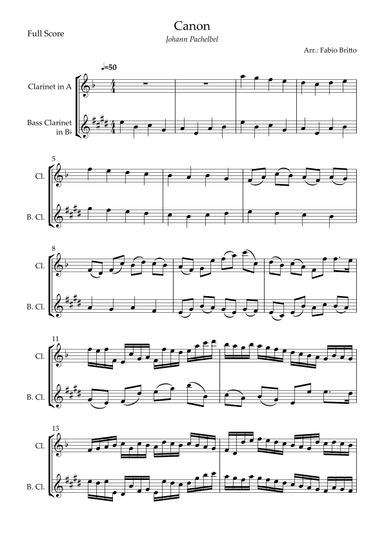 Canon - Johann Pachelbel (Wedding/Reduced Version) for Clarinet in A & Bass Clarinet in Bb Duo (arr. Fabio Britto)