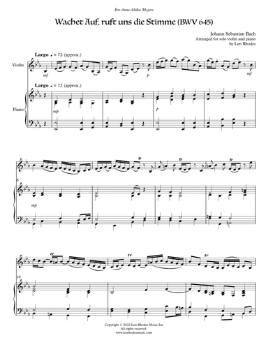 Bach - Wachet Auf, arranged for violin solo and piano (arr. Len Rhodes)