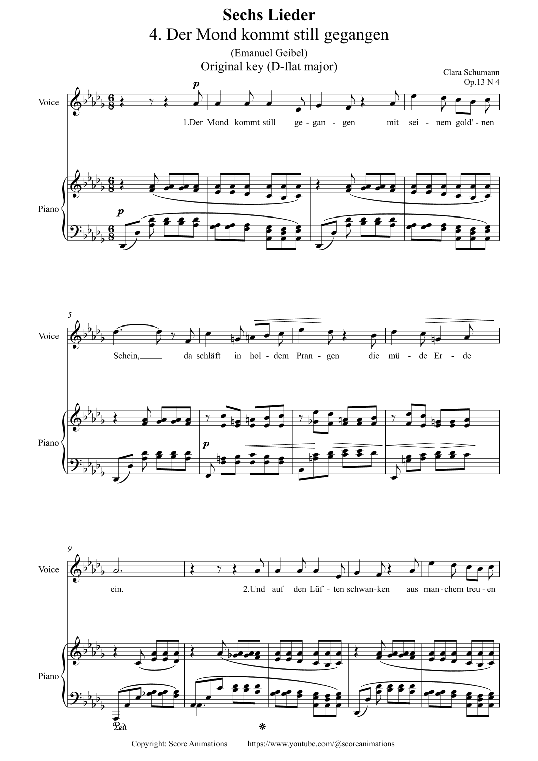 Der Mond kommt still gegangen Op 13 N4 in D-flat major (Original key) (arr. Score Animations)