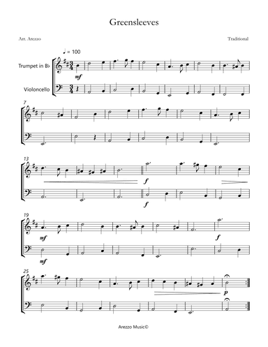 greensleeves celtic traditional for trumpet and cello sheet music (arr. Arezzo Music)