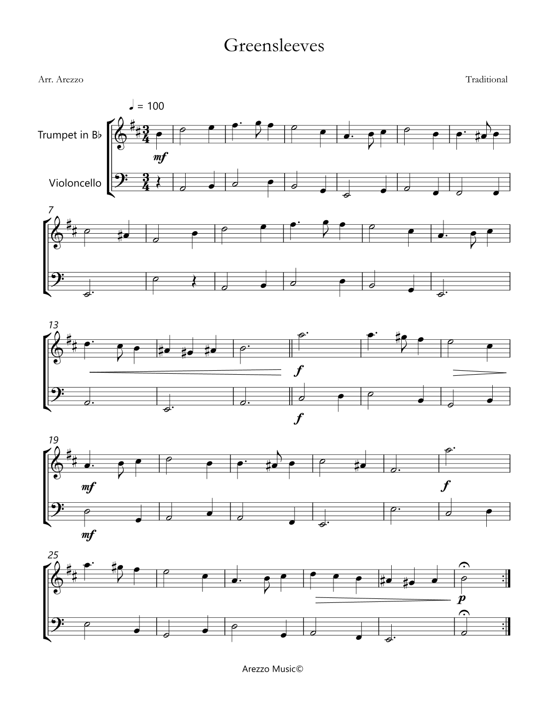 greensleeves celtic traditional for trumpet and cello sheet music (arr. Arezzo Music)