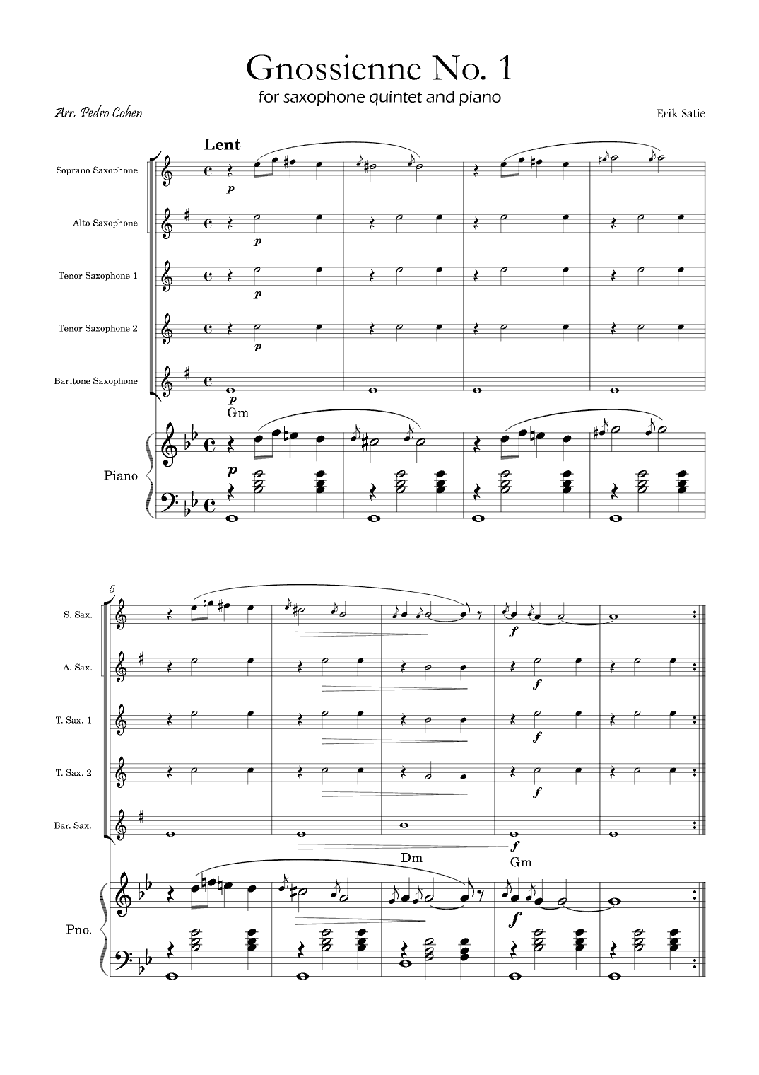 Gnossienne No. 1 – for Saxophone Quintet and Piano with chords (arr. Pedro Cohen)