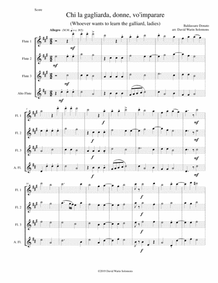 Chi la gagliarda (Whoever wants to learn the galliard) arranged for 3 flutes and 1 alto flute (arr. David Warin Solomons)
