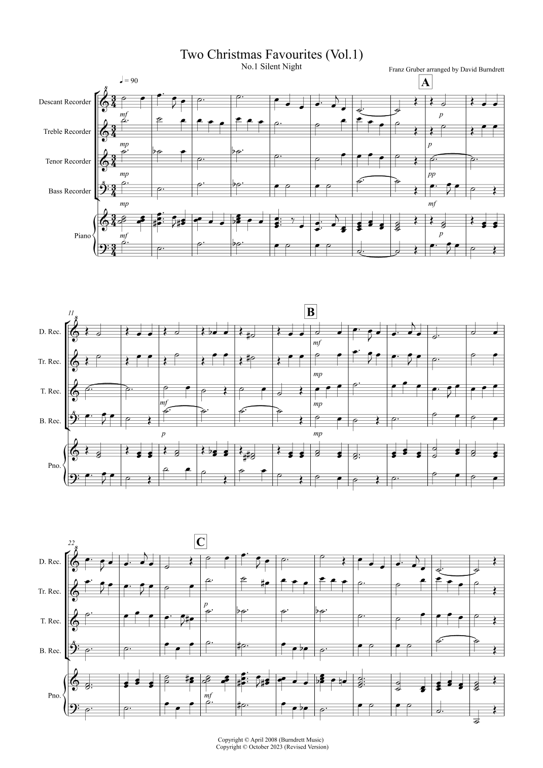 2 Christmas Favourites for Recorder Quartet (volume one) (arr. David Burndrett)