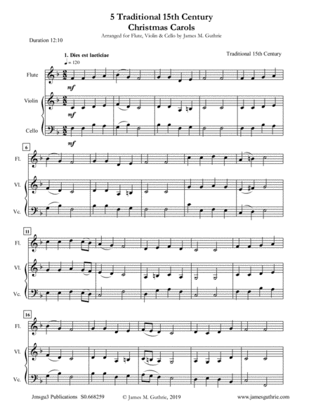 5 Traditional 15th Century Christmas Carols for Flute, Violin & Cello (arr. James M. Guthrie, ASCAP)