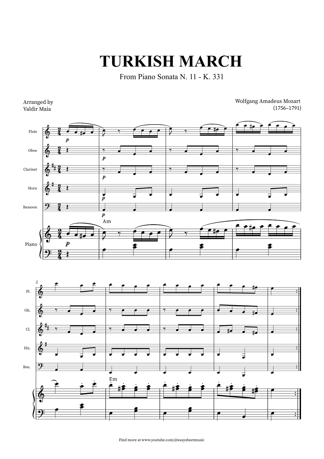 Turkish March - Woodwind Quintet and Piano + CHORDS (arr. Valdir Maia)