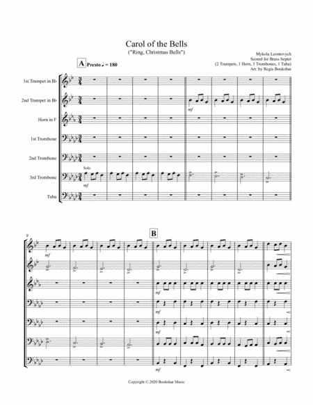 Carol of the Bells (F min) (Brass Septet - 2 Trp, 1 Hrn, 3 Trb, 1 Tuba) (arr. Regis Bookshar)