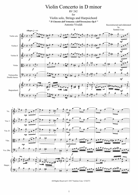 Vivaldi - Violin Concerto in D minor RV 242 Op.8 No.7 for Violin, Strings and Harpsichord (arr. Santino Cara)