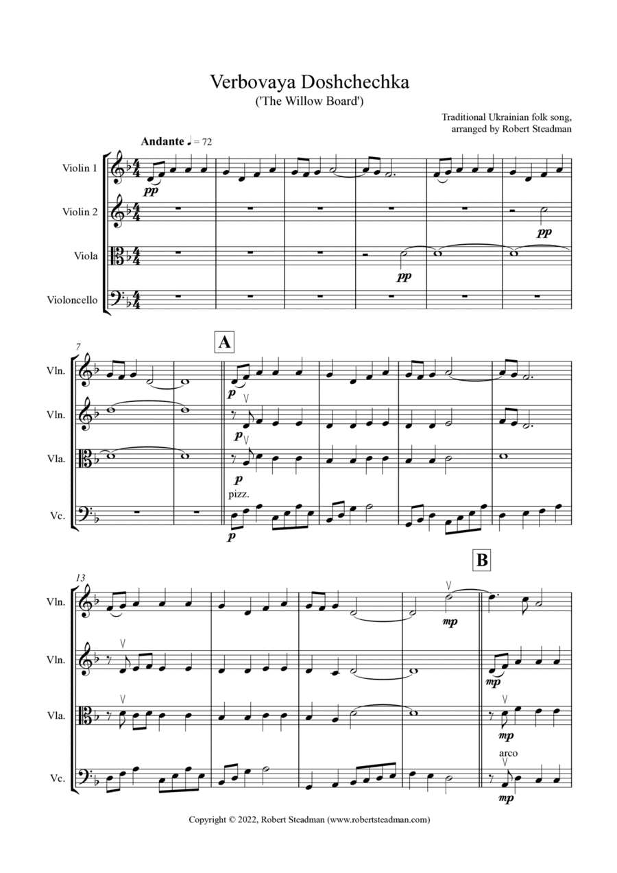Verbovaya Doshchechka ('The Willow Board') - Ukrainian Folk Song - String Quartet (arr. Robert Steadman)