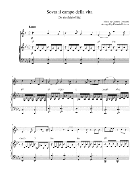 Sovra il campo della vita (On the field of life) (Bb trumpet solo and piano accompaniment) (arr. Kaiserin Rebecca)