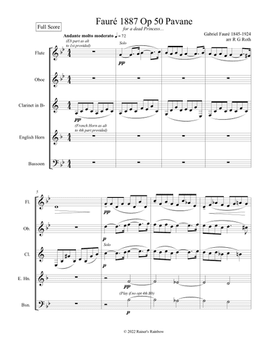 Fauré 1887 Op 50 Pavane Quintet in G minor (arr. R G Roth)