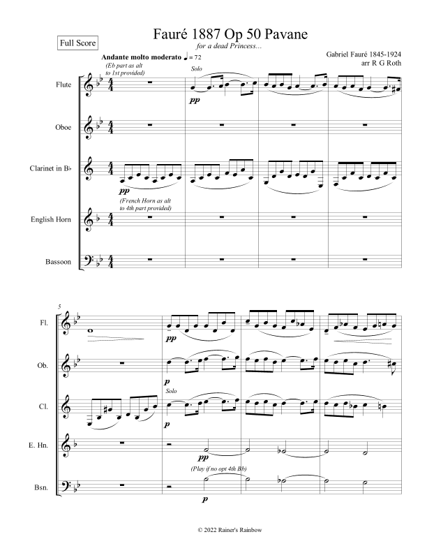 Fauré 1887 Op 50 Pavane Quintet in G minor (arr. R G Roth)