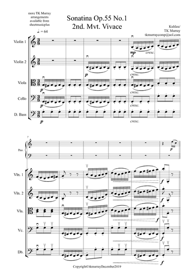Kuhlau - Sonatina OP.55 N0.1 2nd Mvt for Piano & String Quartet/Orchestra (arr. TK Murray)