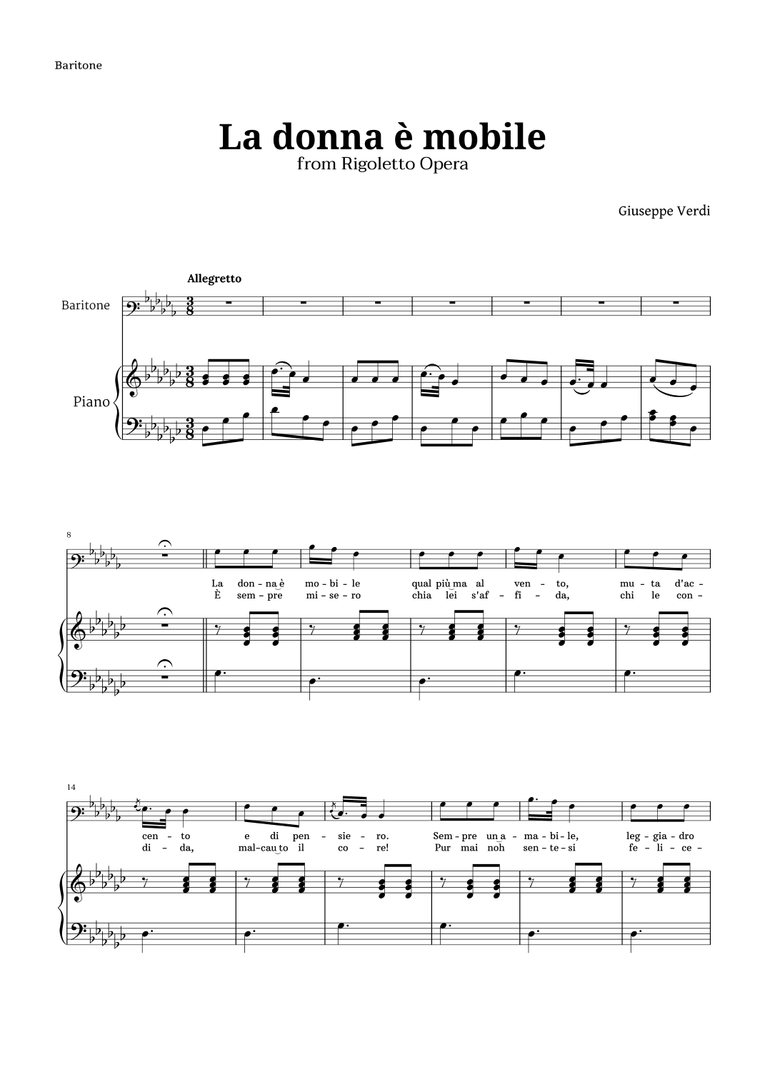 La donna è mobile in G-flat major for Baritone and Piano (arr. Langanho)