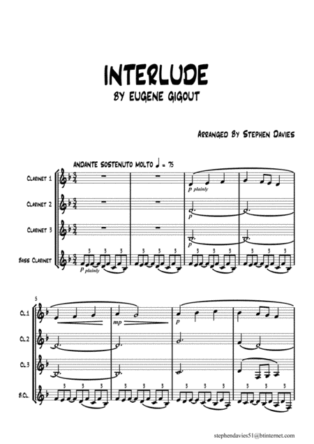 Interlude by Eugene Gigout for Clarinet Quartet. (arr. Stephen Davies)