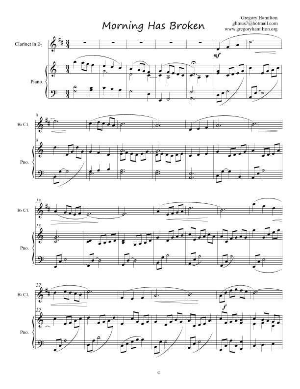 Morning Has Broken (Bunessan) for Clarinet and Piano (arr. Dr. Gregory Hamilton)