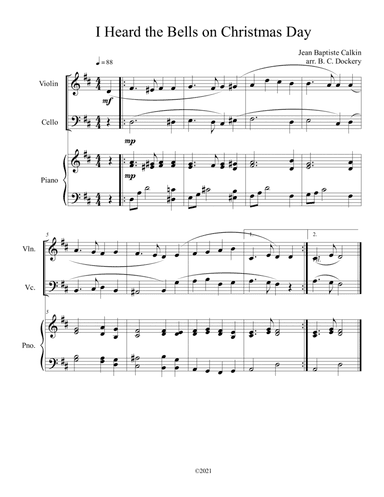 I Heard the Bells on Christmas Day (Violin and Cello Duet) with optional piano accompaniment (arr. B. C. Dockery)