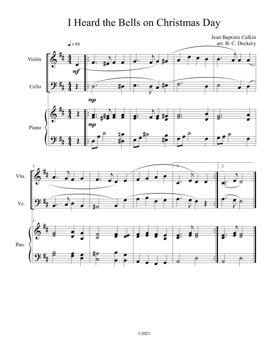 I Heard the Bells on Christmas Day (Violin and Cello Duet) with optional piano accompaniment (arr. B. C. Dockery)