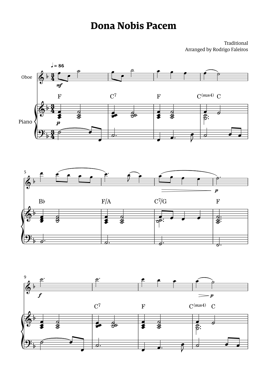 Dona Nobis Pacem - for oboe (with piano accompaniment with chords) (arr. Rodrigo Faleiros)