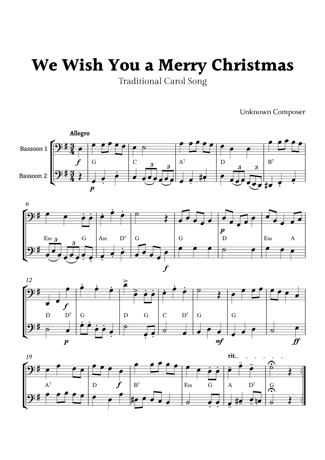 We Wish you a Merry Christmas for Bassoon Duet with Chords (arr. Rika K.)