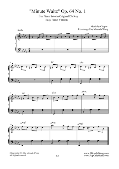 Minute Waltz in Original Db Key Op.64 No.1 - Easy Piano Solo (arr. Miranda Wong)