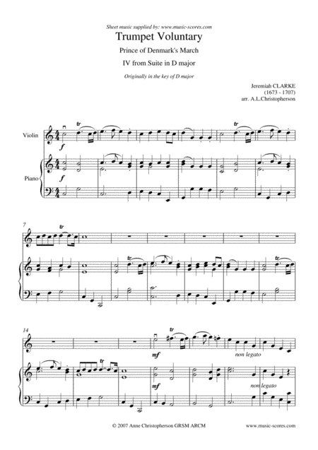 Trumpet Voluntary, or Prince of Denmark's March - Violin and Piano - C major (arr. Anne L Christopherson GRSM ARCM)
