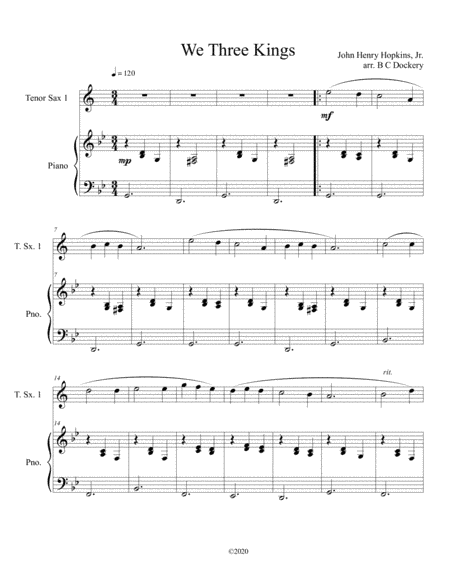 We Three Kings (tenor sax solo) with optional piano accompaniment (arr. B C Dockery)