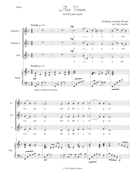 Ave Verum (Mozart) for SSA voices plus piano (arr. Julie Gaulke)