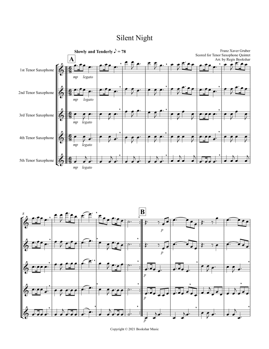 Silent Night (Bb) (Tenor Saxophone Quintet) (arr. Regis Bookshar)
