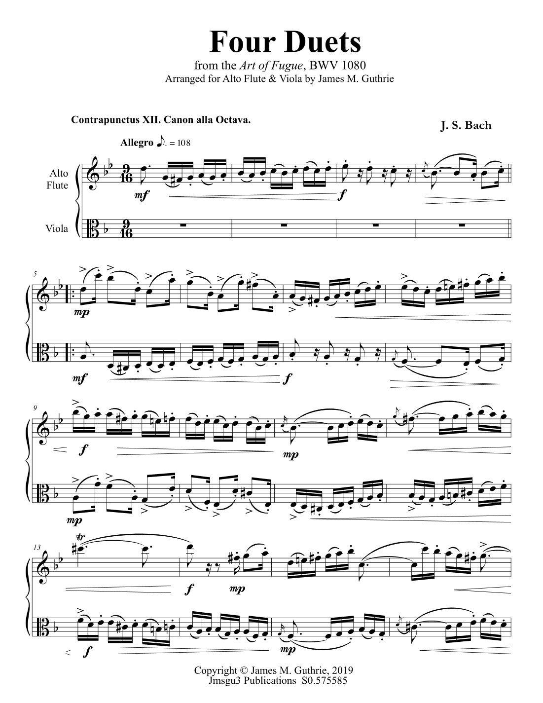 Bach: Four Duets from the Art of Fugue for Alto Flute & Viola (arr. James M. Guthrie)