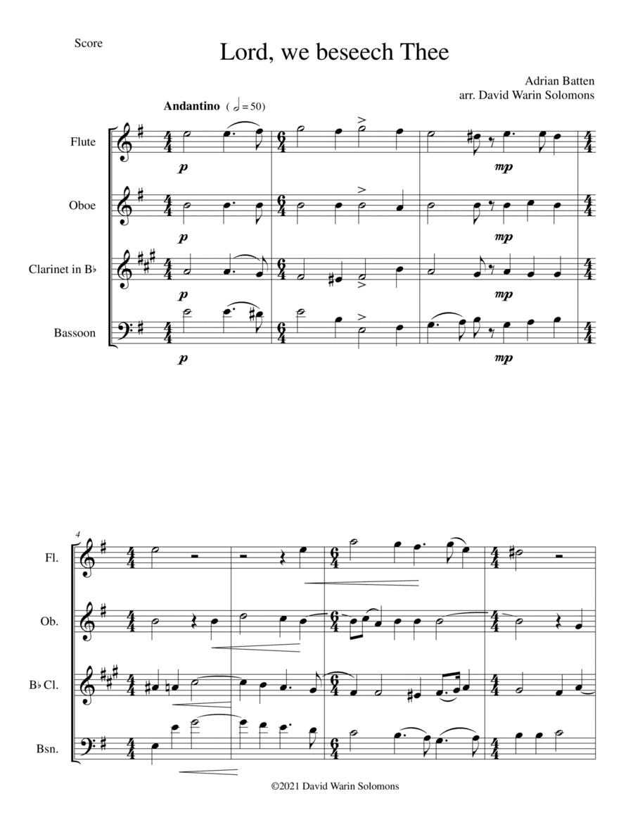 Lord, we beseech Thee for wind quartet (arr. David Warin Solomons)
