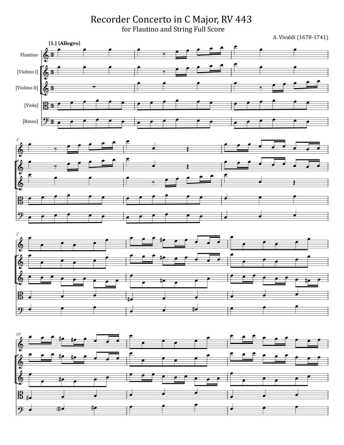 Vivaldi - Recorder Concerto in C major, RV 443 - for Flautino and Strings Original Full Score (arr. poon)