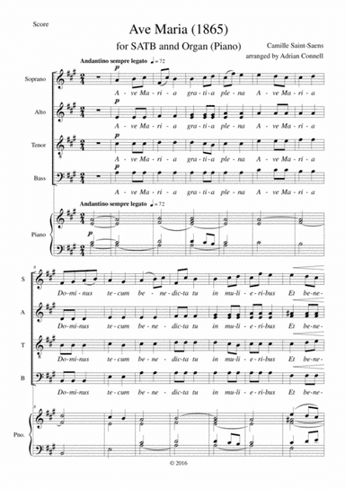 Saint-Saens Ave Maria arranged for SATB choir and piano (or organ) (arr. Adrian Connell)