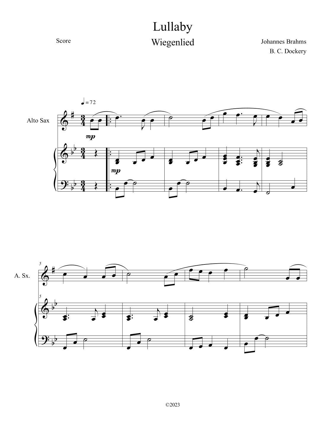 Brahms's Lullaby (Alto Sax Solo with Piano Accompaniment) (arr. B. C. Dockery)