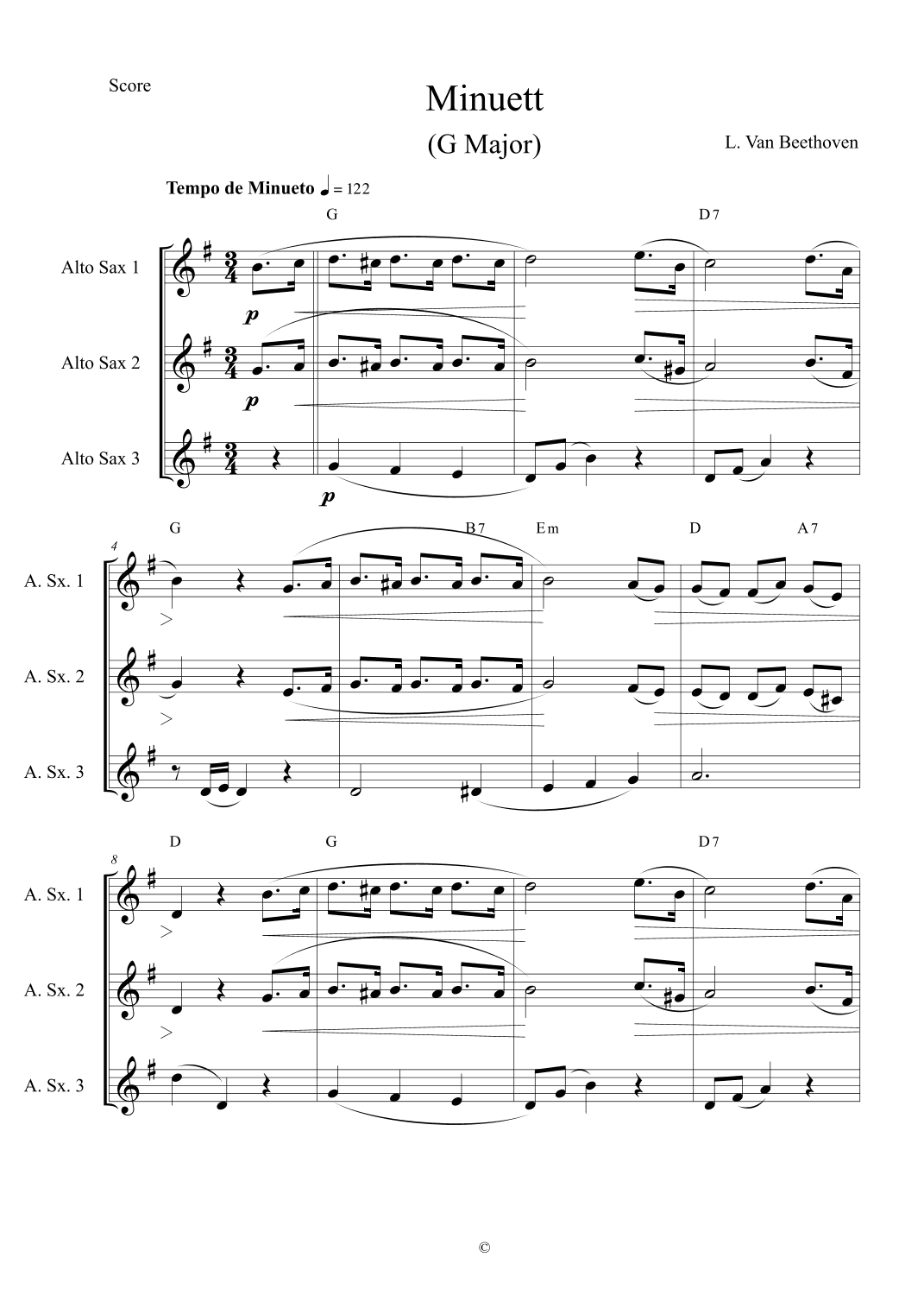 Minuett in G Major by L. Van Beethoven for Alto Saxophone Trio (arr. The Sheet Music Library)