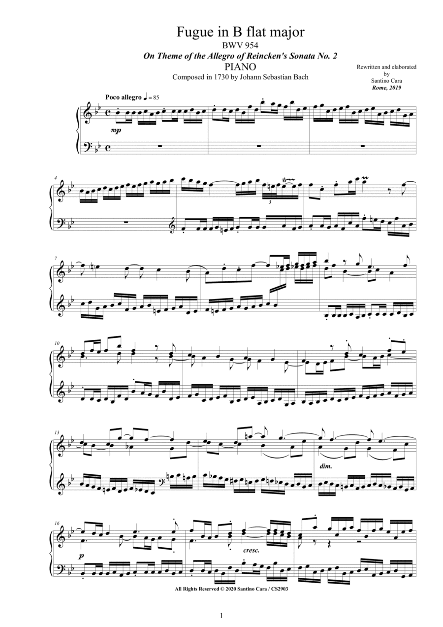 Bach - Fugue in B flat major BWV 954 for Piano (arr. Santino Cara)