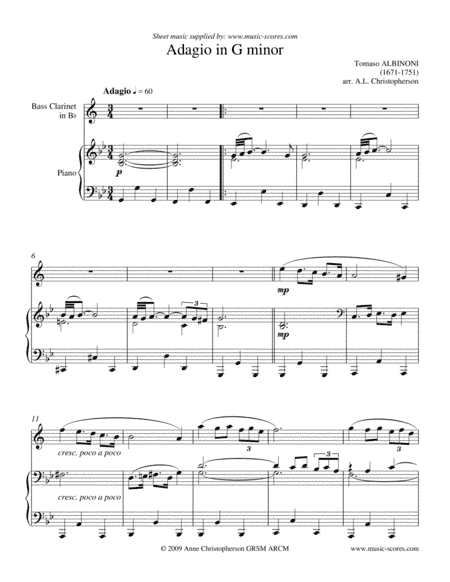 Albinoni Adagio - Bass Clarinet and Piano (arr. Anne L Christopherson GRSM ARCM)