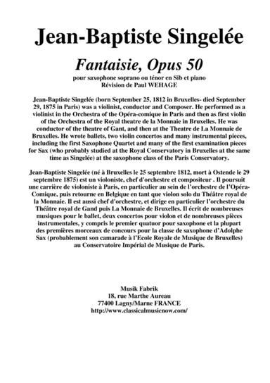 Jean-Baptiste Singelée: Fantaisie, Opus 50 pour saxophone soprano ou ténor en Sib et piano (arr. Musik Fabrik Music Publishing)