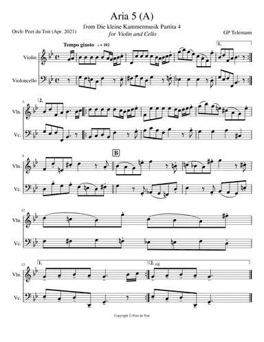 Aria 5 (A) from Die kleine Kammermusik Partita 4 - GP Telemann (Violin & Cello) (arr. Peet du Toit)