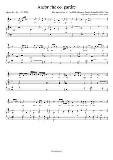Ancor che col partire (with divisions by Bovicelli) (arr. Early Music Scores)