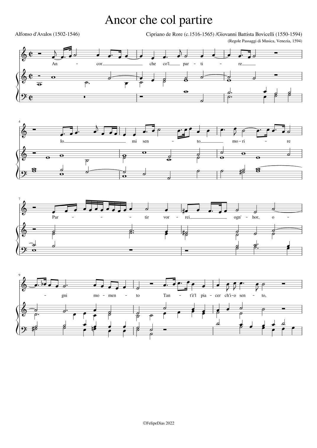 Ancor che col partire (with divisions by Bovicelli) (arr. Early Music Scores)