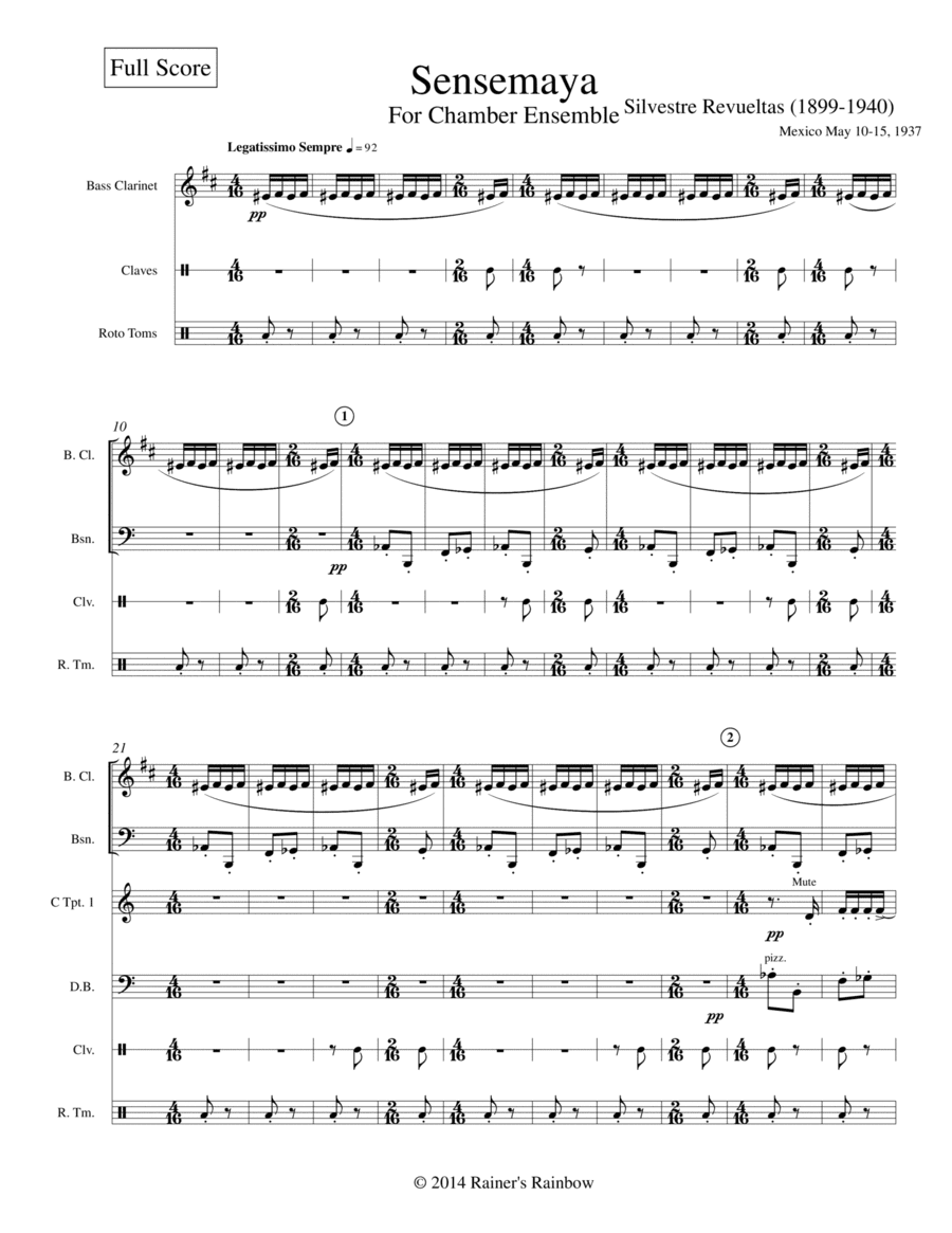 Revueltas 1938 Sensemayá canto para matar a una culebra for Chamber Ensemble (arr. R G Roth)