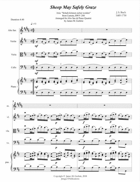 Bach: Sheep May Safely Graze for Alto Sax & Piano Quartet (arr. James M. Guthrie, ASCAP)