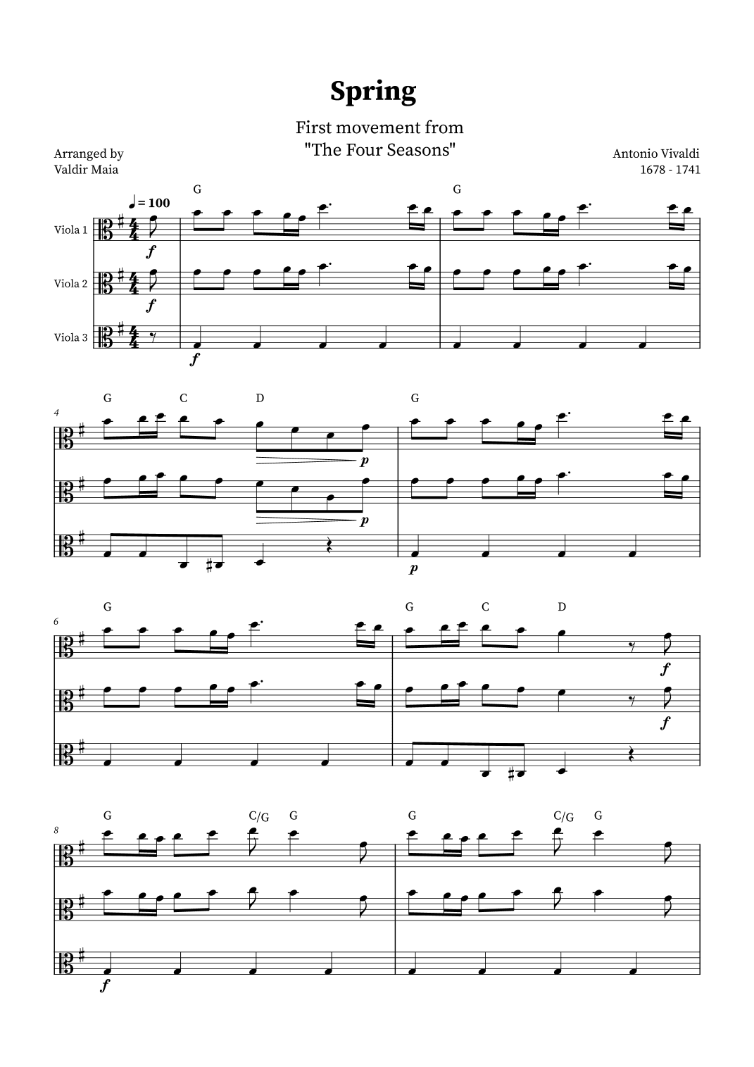 Spring - The Four Seasons for Viola Trio (+ CHORDS) (arr. Valdir Maia)