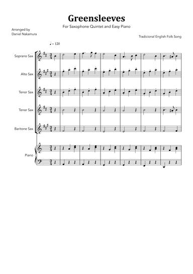 Greensleeves (For Sax Quintet and Easy Piano) (arr. Daniel Nakamura)